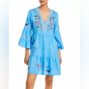 Johnny Was Linen Zoe Embroidered Tiered Blue Midi Dress Medium